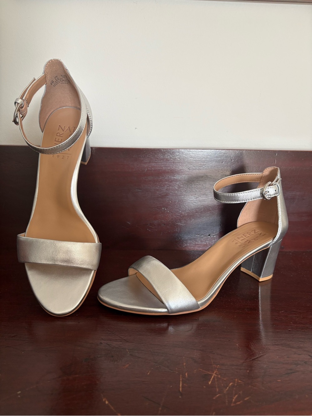 Naturalizer Metallic Silver Ankle-Strap Block Heels